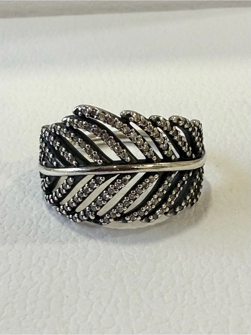 AUTHENTIC RETIRED Pandora Silver Feather Band Ring with Textured Detail